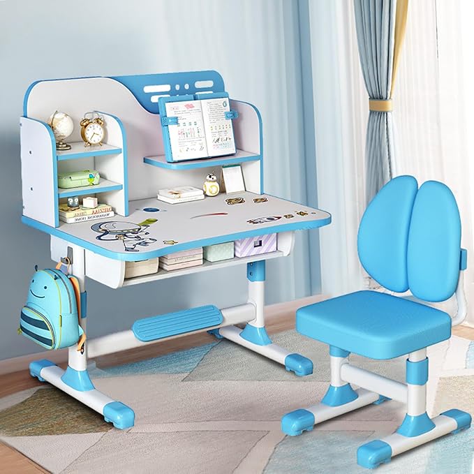 Kids Desk and Chair Set, Height Adjustable Kids Study Table and Chair Set, Children School Desk with Storage Drawer and Book Stand, Ergonomic Child Toddler Deskwith Sitting Posture Corrector (Blue 3)