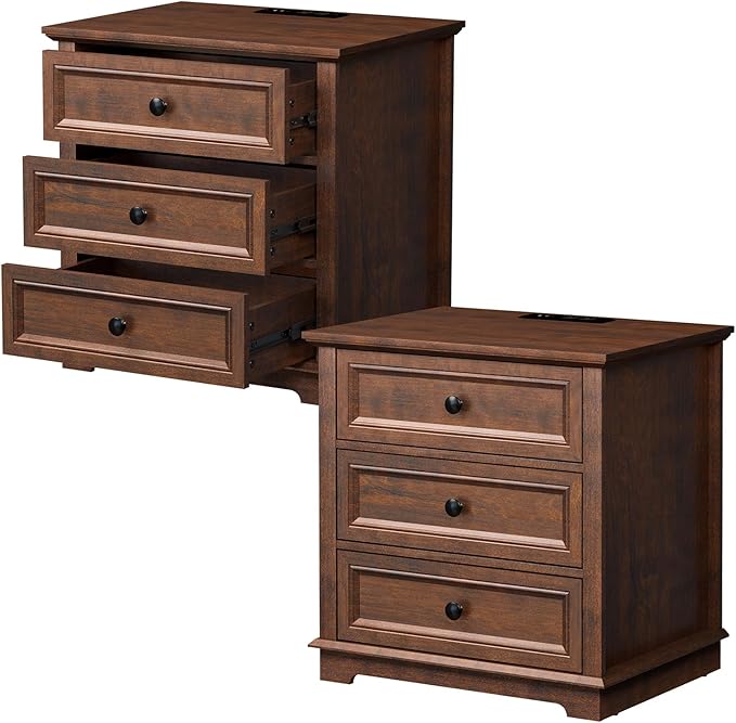 Nightstand with Charging Station Set, 24” Wide End Table with 3 Drawers Set of 2, Modern Bedside Table with Storage, Wood Small Dresser for Bedroom Living Room. (Cherry)
