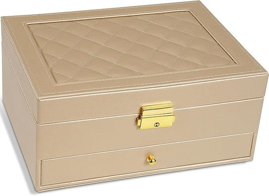 2-Layer Jewelry Box for Women, Jewelry Organizers and Storage with Removable Jewelry Tray, Vintage Quilted Top Lockable Jewelry Holder Gift Box for Girl