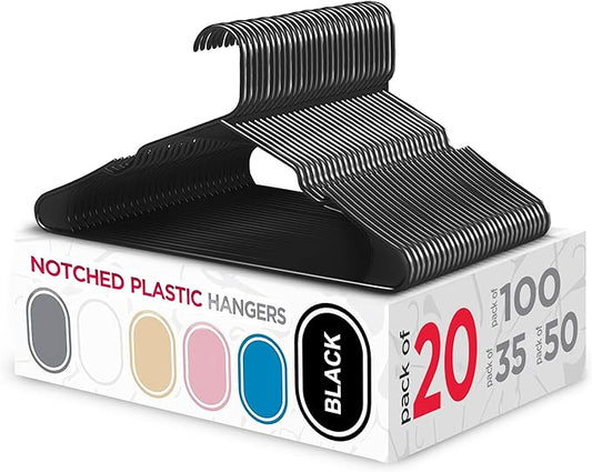 Sharpty Plastic Hangers, 20-Pack, Slim, Space Saving, Heavy Duty, Notched, Durable, Smooth, Fabric-Friendly, Ideal for Clothing, Coats, Shirts, Ties, Belts, Accessories - Black