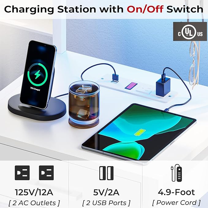 Nightstand with Charging Station and LED Lights, LED Night Stand with 2 USB Ports and 2 AC Outlets, Modern End Table with 3 Drawers, Bedside Table with Open Storage for Bedroom, White