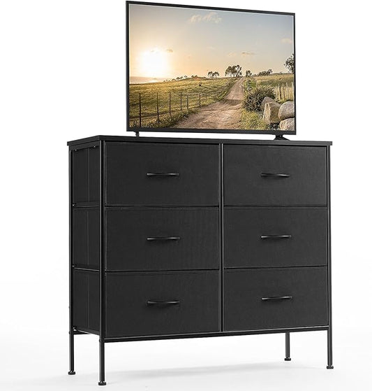 DUMOS TV Stand for Living Room, Dresser for Bedroom Chest of Dresser with 6 Fabric Drawers Storage Organizers Units, Nightstand for Bed, Black