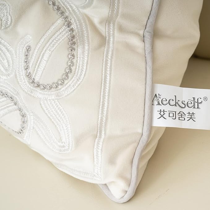 Aeckself European Floral Pillow Cover 20x20 Inch, Luxury Velvet Embroidered Decorative Throw Pillow Cover for Couch Bedroom Living Room, White Silver