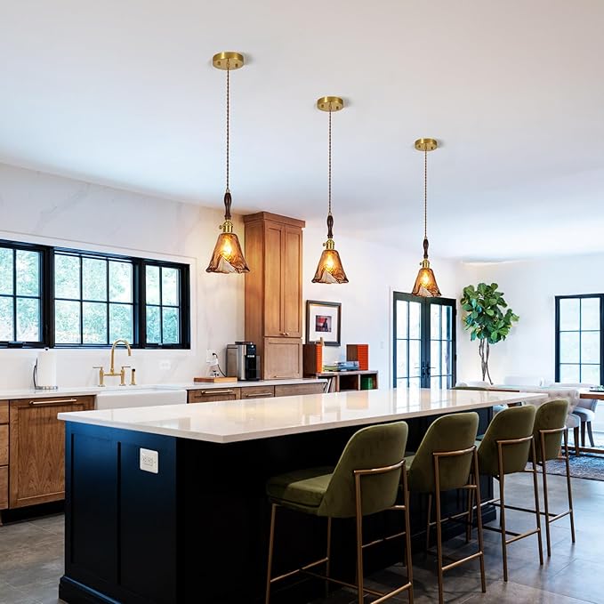 Brown Glass Vintage Pendant Light 6.18" Handmade Glass Pendant Lights Kitchen Island Gold Hanging Light Fixture for Bedroom Dining Room Hotel (3 Pack)