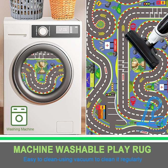 Kids Rug, Race Track Playmat Rugs 59×39 in Kids Carpet with Rubber Backing, Start and Finish line Racing Track Marking Car Road Race 3D Play Mat Nursery Rugs for Children Bedroom Playroom