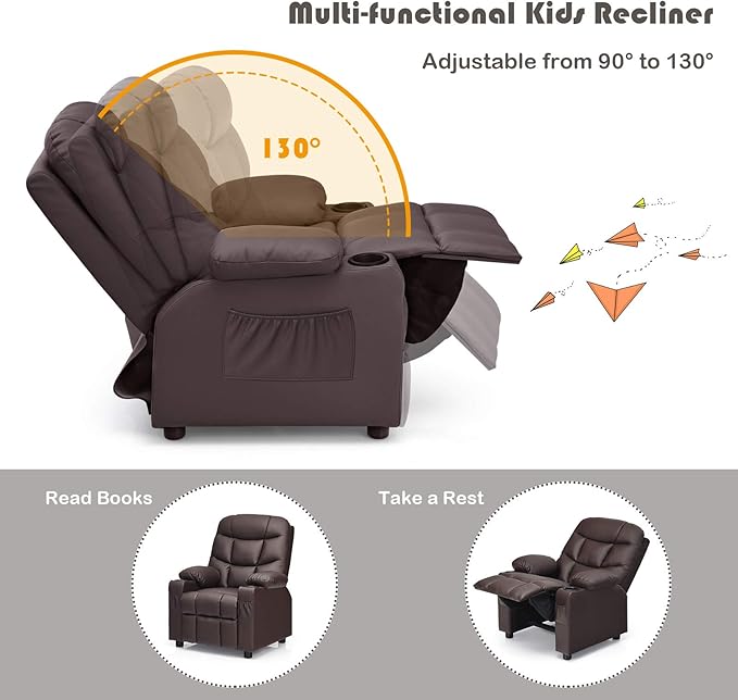 Kids Recliner, Kids Recliner Chair w/ 2 Cup Holders, PU Leather Kids Chairs Compy w/Adjustable Backrest & 3 Pockets, Toddler Furniture Sofa for Boys Girls Aged 3+ (Brown)