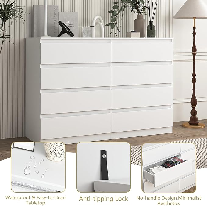 White Dresser for Bedroom,Modern Large 8 Drawer Dresser with Deep Drawer,Wide Storage Chest of Drawer for Closet, Bedroom Storage Furniture,TV Stand for Living Room