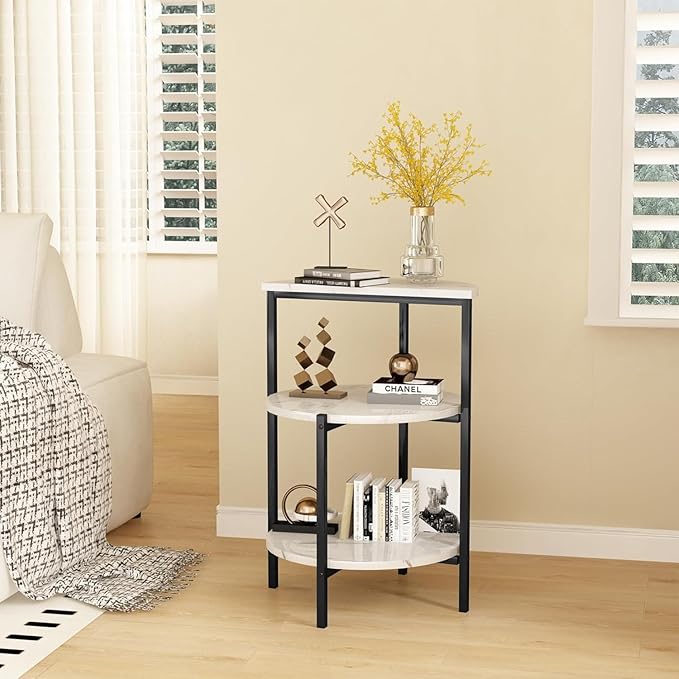 AWQM Marble End Table, 3-Tier Sofa Side Table, Small Round Bedside Table, Corner Table w/Metal Frame for Living Room Bedroom, White+Black
