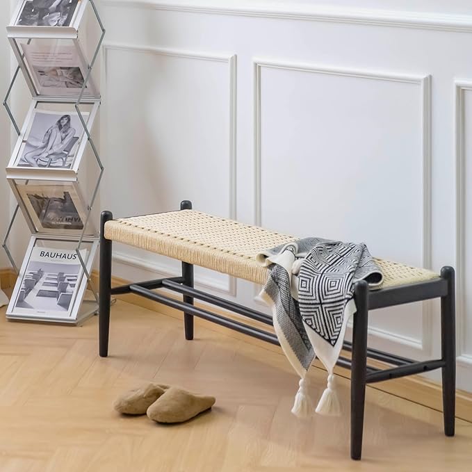 Solid Wood Entryway Bench with Shoe Storage, Rustic Oak Wood and Woven Design 45 Inch Long Seating for Living and Dining Rooms,Black