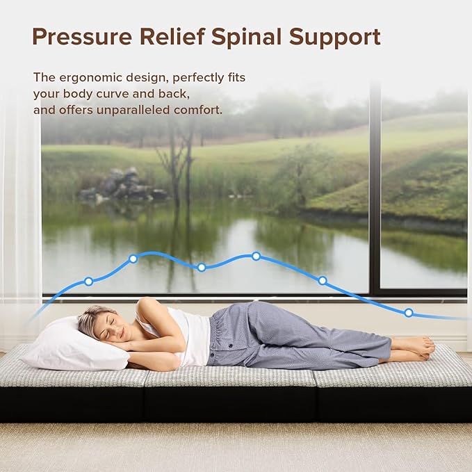 Memory Foam Trifold Mattress - Full Portable Floor Bed 4 Inch, Foldable Mat with Washable Cover, Handle & Non-Slip Bottom, for RV, Travel, Camping, Yoga, 73"x52"x4"
