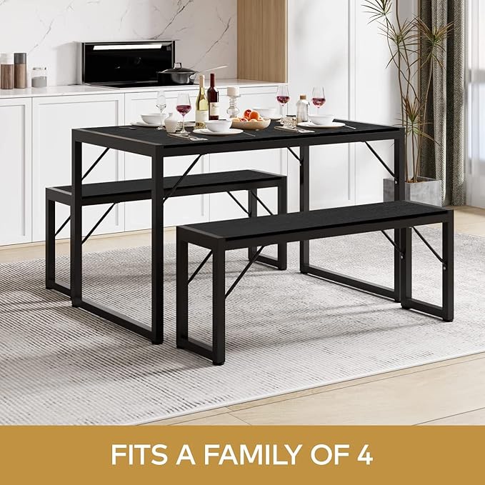 Gizoon 45.5" Dining Table Set for 4 with 2 Benches, Kitchen Table Set with Metal Frame & MDF Board, Space-Saving Dinette for Kitchen, Dining Room -Black