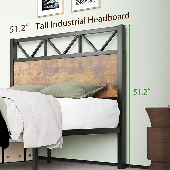 Queen Size Frame with 51.2" Tall Headboard, Platform Bed Frame with Metal Support, Solid and Stable, Noise Free, No Box Spring Needed, Rustic Brown
