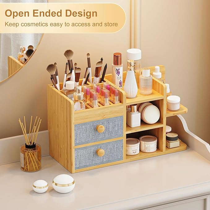 Bamboo Makeup Organizer Countertop For Vanity Dresser,Large Bathroom Counter Organizers And Storage,Cosmetic Skincare Perfume Organizer With 3 Makeup Brush Holder/2 Drawers/5 Shelves /8 Compartments
