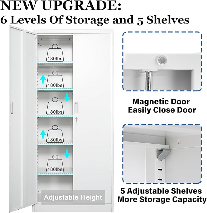 Steel SnapIt Cabinet, 71 Inch Metal Storage Cabinet with Locking Doors and 5 Adjustable Shelves, Garage Cabinet, Tool Cabinets for Office and Home Use (White)