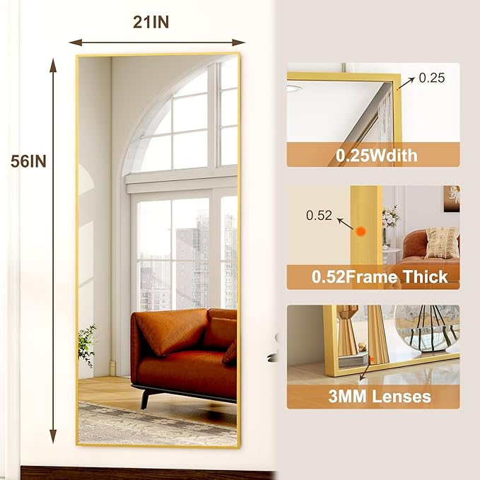 HARRITPURE 21"x56" Full Length Mirror Floor Rectangle Mirrors Aluminum Frame Standing Wall & Leaning Large Dressing Mirror for Living Room Bedroom Cloakroom,Gold