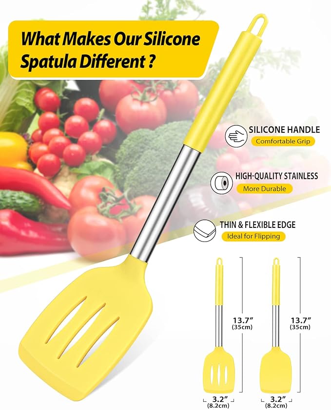 Pack of 2 Silicone Solid Turner, Non Stick Slotted Kitchen Spatulas, High Heat Resistant BPA Free Cooking Utensils, Ideal Cookware for Fish, Eggs, Pancakes(Yellow)