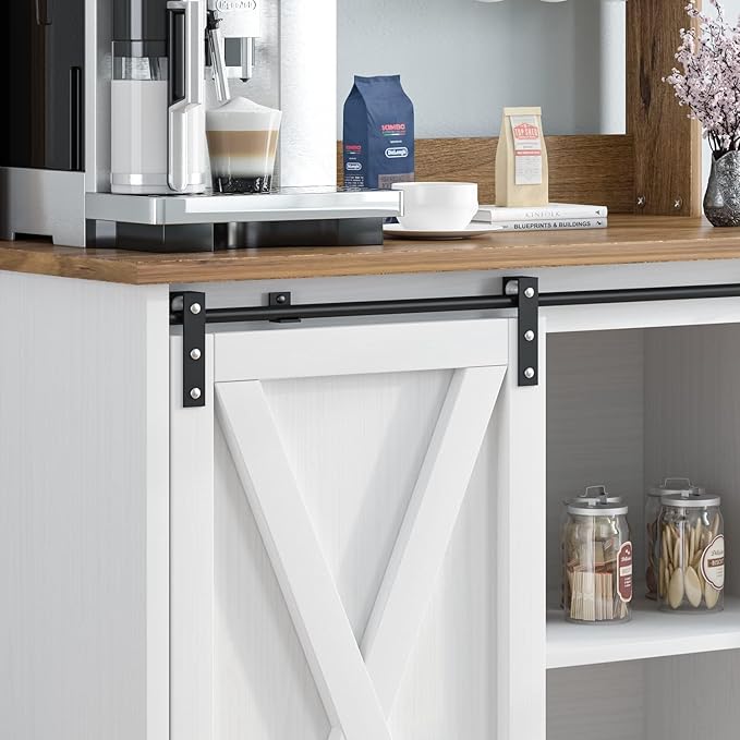Farmhouse Coffee Bar Cabinet with 6 Hooks, White Coffee Bar Hutch with Storage, 50 Inch Buffet Cabinet with Sliding Barn Door, Coffee Bar Table with Adjustable Shelves for Living Dining Room