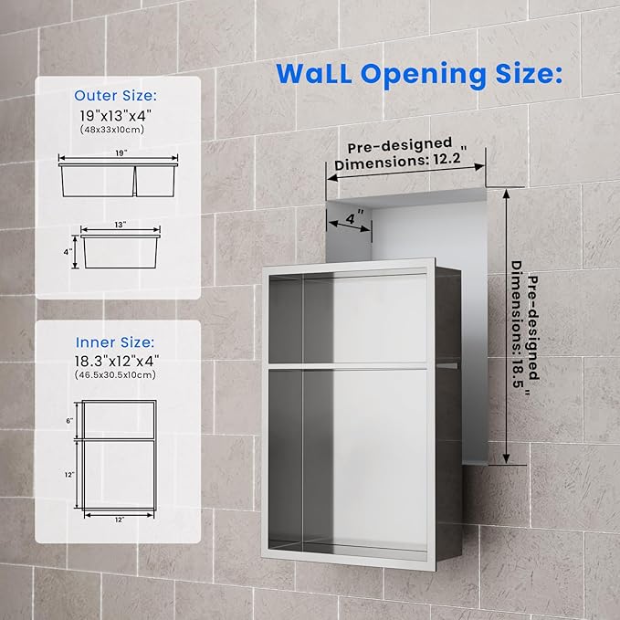 POPFLY 12"x18" 2-Tier Shower Niche Organizer, Stainless Steel Recessed Wall Shelf Inserts - No Tile Needed Double Shelves Bathroom Storage No Drill, Brushed Nickel