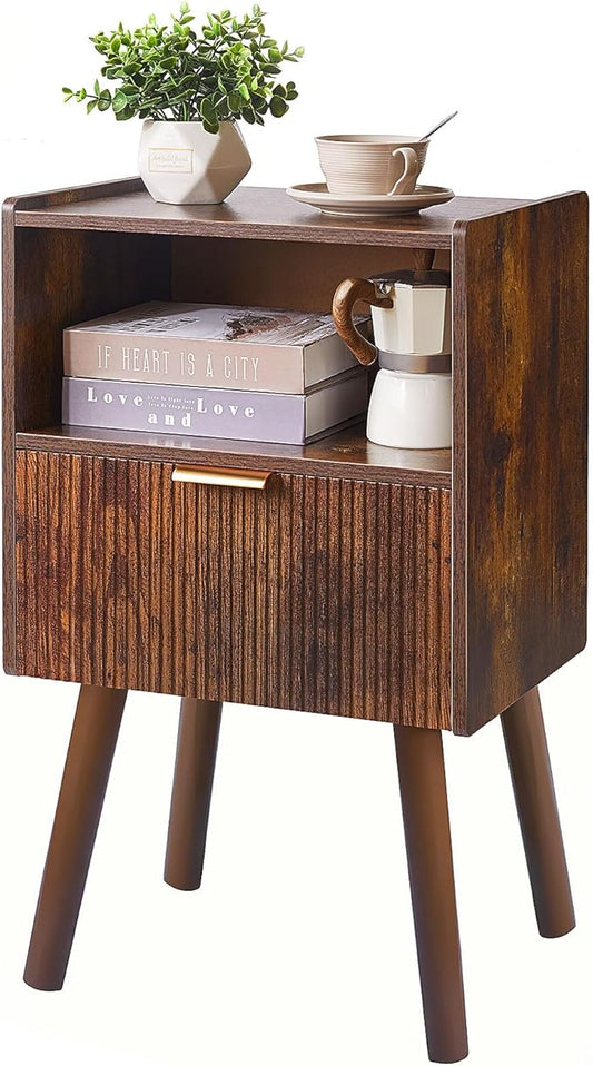 Night Stand with Drawer, Modern Nightstand, Bedside Tables, Mid Century Nightstands with Open Storage Shelf,Small Night Stands, 2-Tier Night Table,Rustic Brown YD-TM061H