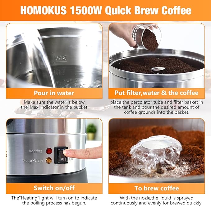HOMOKUS Commercial Coffee Urn,14.2L Large Coffee Maker,100 Cup Double Wall Stainless Steel Coffee Dispenser,1500W Quick Brew Electric Coffee Percolator with Upgraded Internal Stage for Gathering