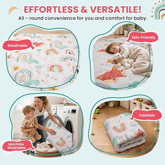 Baby Play Mat for Floor,50x50 Inch Soft Padding Crawling Mat for Playpen, Foldable and Machine Washable, Thick for Babies & Toddlers,Rainbow Fox