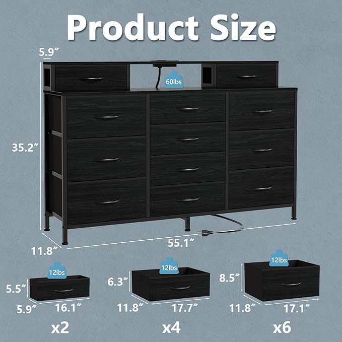 Furnulem 55" W Dresser for Bedroom with LED Lights and Power Outlets,Black Large 12 Storage Drawers Long Fabric Chests Dressers with 2 Shelves for Closet,Living Room,Entryway,Wooden Top,Metal Frame