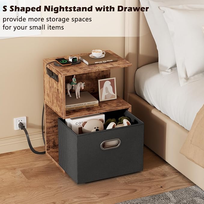 Furologee Nightstand with Charging Station and Drawer, 3 Tier End Table with Open Shelf, Wood S Shaped Bedside Table with Storage for Living Room/Bedroom/Small Space, Rustic Brown