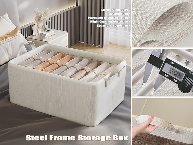 AARAINBOW 4 Pcs Closet Clothes Organizer with Handle, Fabric Storage Box with Steel Frame Stackable Shelf Storage Baskets Foldable Fabric Storage Baskets for Organizing Clothes Toys, 23L (B 4 White)