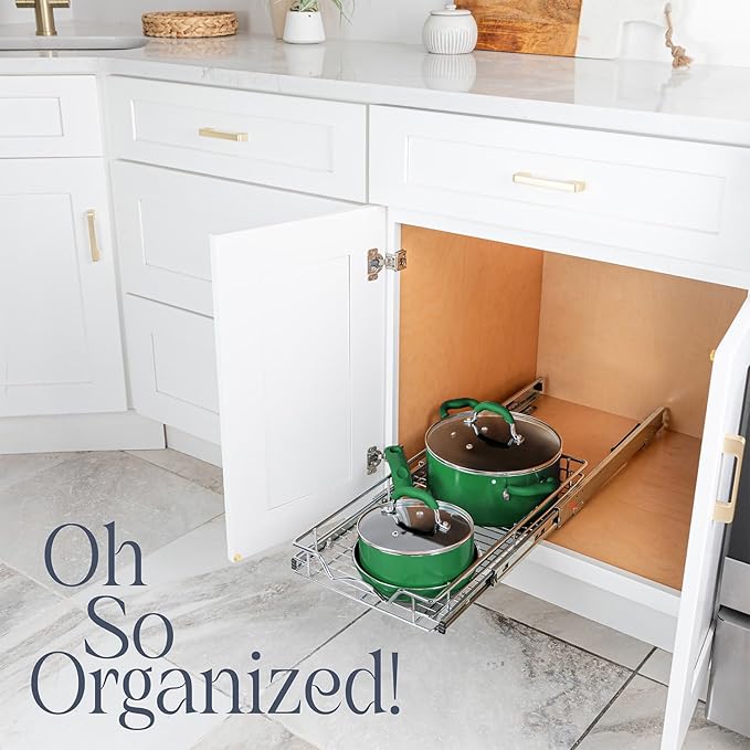 HOLDN’ STORAGE Pull Out Cabinet Organizer - Heavy Duty Steel with Smooth Slide-Out Drawers, Chrome Finish - 14" W x 17" D Basket, Fits 15.25" Cabinet Opening