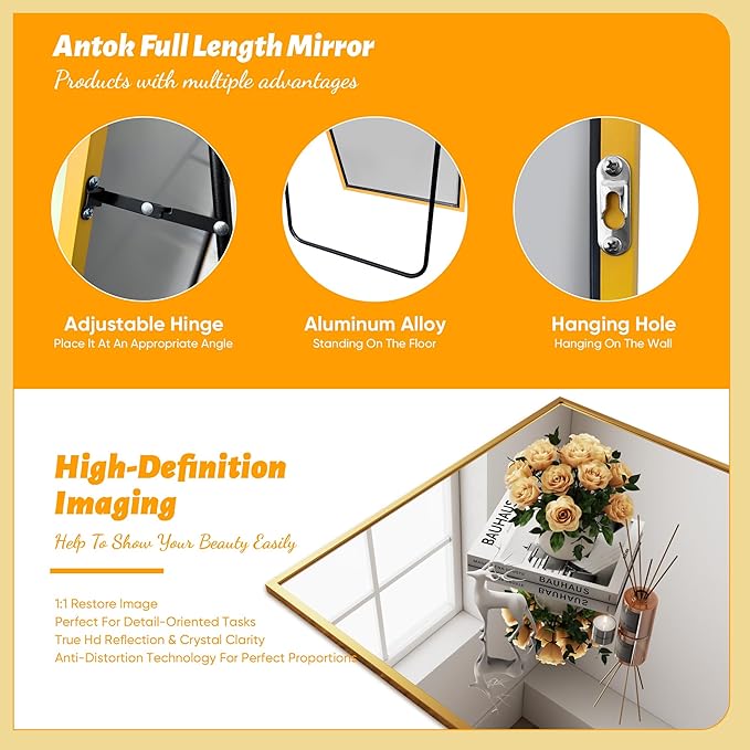 Antok Mirror Full Length, 58"x18" Big Floor Mirror, Oversized Full Body Mirrors with Stand for Bedroom, Living Room Cloakroom, Gold, Rect Corner Style