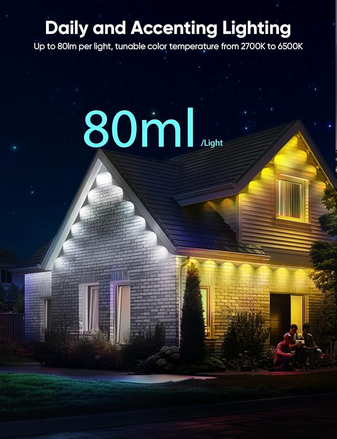 APPECK Permanent Outdoor Lights Pro 150ft, 108W RGBCW Eaves Light with 108 LED Lights, 80lm, Cuttable, 111 Scene Modes, IP67 Waterproof Lighting for Christmas Decoration, Work with Alexa, Black