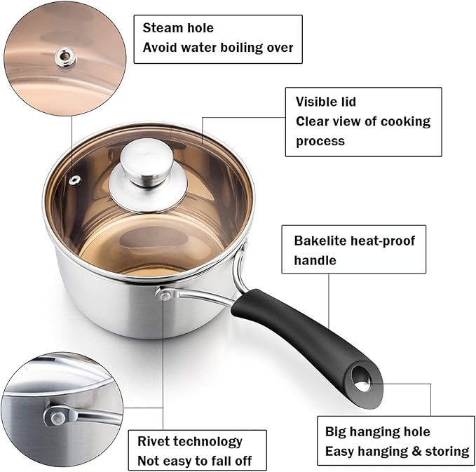 P&P CHEF 2QT Saucepan with Lid, Stainless Steel Saucepan, Small Sauce Pan for Kitchen Cooking Soup/Milk/Eggs/Noodles, Visible Glass lid & Bakelite Heat-Proof Handles, Dishwasher Safe & Healthy