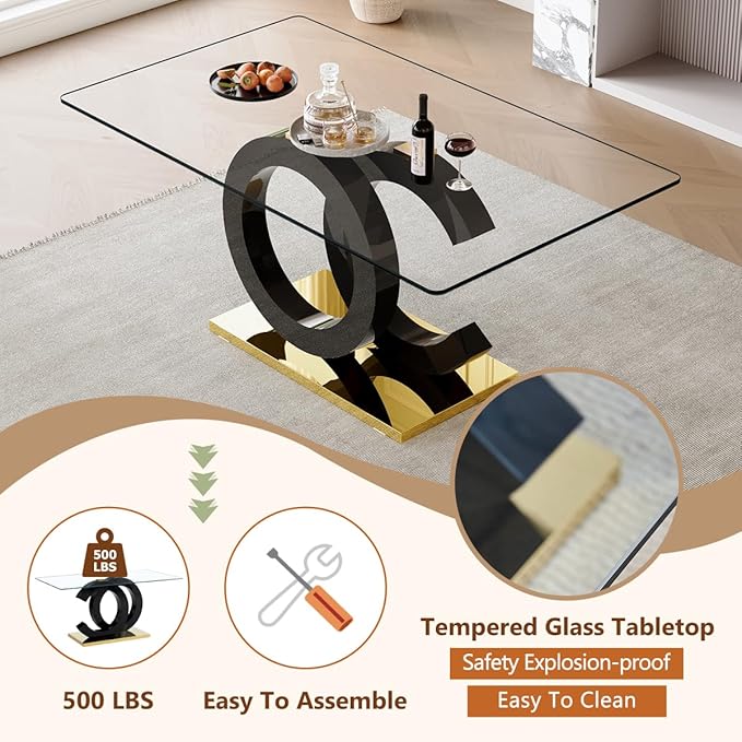 gopop 63'' Glass Dining Table Set for 6, Modern Kitchen & Dining Room Set, Rectangular Table with Clear Glass Top, Black Legs, Gold Metal Base, 6 PU Leather Chairs, Easy Assembly