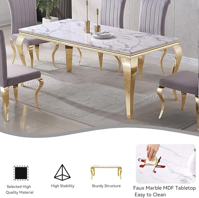 70" Marble Dining Table Set for 6, Modern 7 Piece Dining Room Table Set with White Faux Marble Dining Table & 6 Beige Velvet Upholstered Chairs, Luxury Gold Kitchen Table Chairs Set of 6
