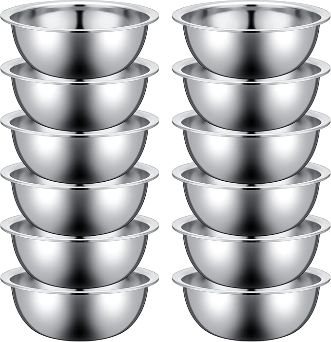 Pinkunn Set of 12 Stainless Steel Mixing Bowls, Nesting Metal Prep Salad Bowl Bulk Kitchen Large Reusable Baking Food Container for Hotel Restaurant Home Cooking, Silver(9.45 x 3.15 Inch)
