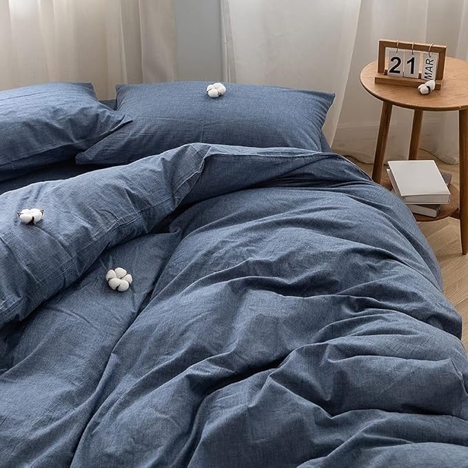 FACE TWO FACE Bedding Duvet Cover Set100% Washed Cotton Duvet Cover Linen Like Textured Breathable Durable Soft Comfy(Twin, Navy Blue)