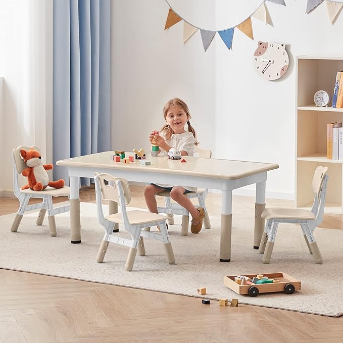 Toddler Table and Chairs Set for 4, 47.2''L x 23.6''W Kids Study Table and Chair Set, Height-Adjustable, Graffiti Desktop, Children Activity Table for Daycare, Classroom, Home