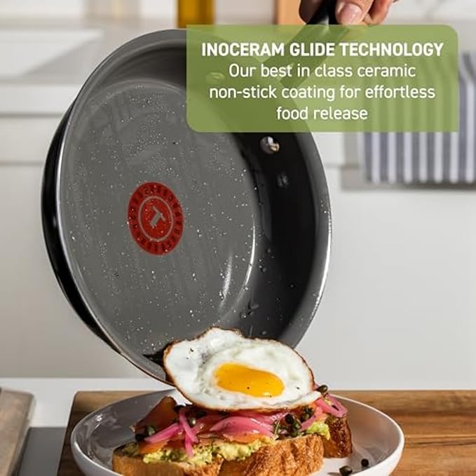 T-Fal Preserve Ceramic Nonstick Frying Pan 2-Pc Set, 8.5" & 11", Oven Broiler Safe up to 350°F Cookware, InoCeram Glide Technology, Frying Pan Skillet, Pots & Pans, Black