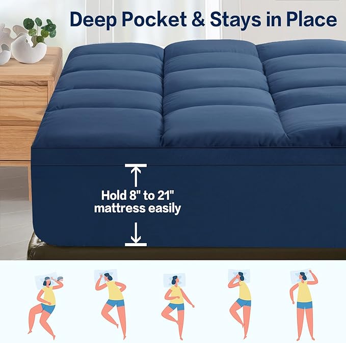SOPAT Mattress Topper Cal King Size Extra Thick Mattress Pad 8-21" Deep Pocket Soft Down Alternative Fill Mattress Protector Pillow Top Mattress Cover (72x84 Inches, Navy Blue)