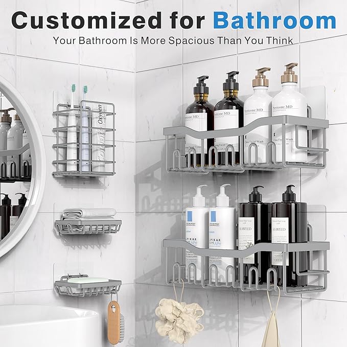 5-Pack Rustproof Stainless Steel Shower Caddy – No Drill Adhesive Bathroom Organizer with Large Capacity, Spacious Shower Shelves for Inside Shower, Kitchen & Home Decor Storage-XL Size