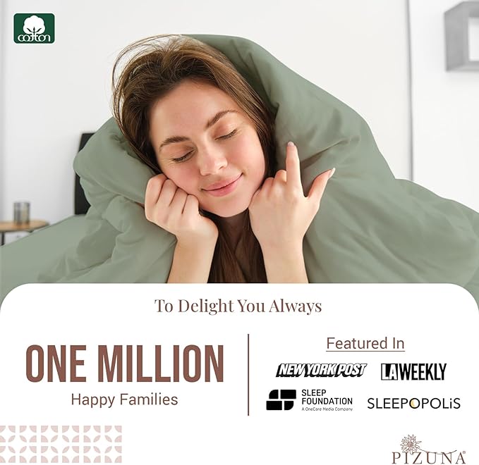 Pizuna Pure 100% Cotton King Duvet Cover Set, Luxurious 400 Thread Count Long Staple Cotton Sateen Weave with Button Closure (Combed Sea Foam Cotton Duvet Cover King)