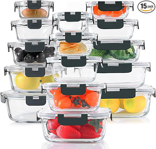 30 Pieces Glass Food Storage Containers Set, Glass Meal Prep Containers Set with Snap Locking Lids, Airtight lunch Containers for Microwave, Oven, Freezer & Dishwasher,Gray