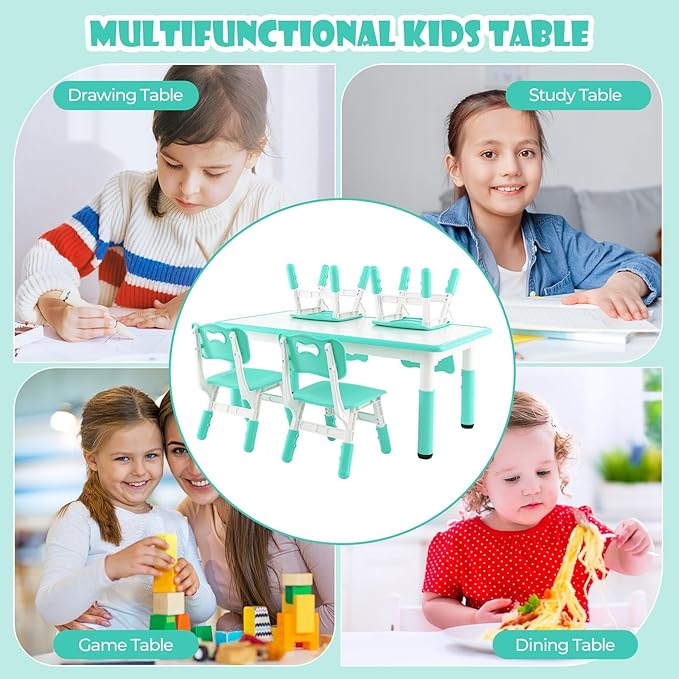 HONEY JOY Kids Table and Chair Set, Height Adjustable Children Activity Table and 4 Chairs Set w/Erasable Graffiti Desktop, Toddler Table and Chair Set for Daycare, Classroom, Home (Green)