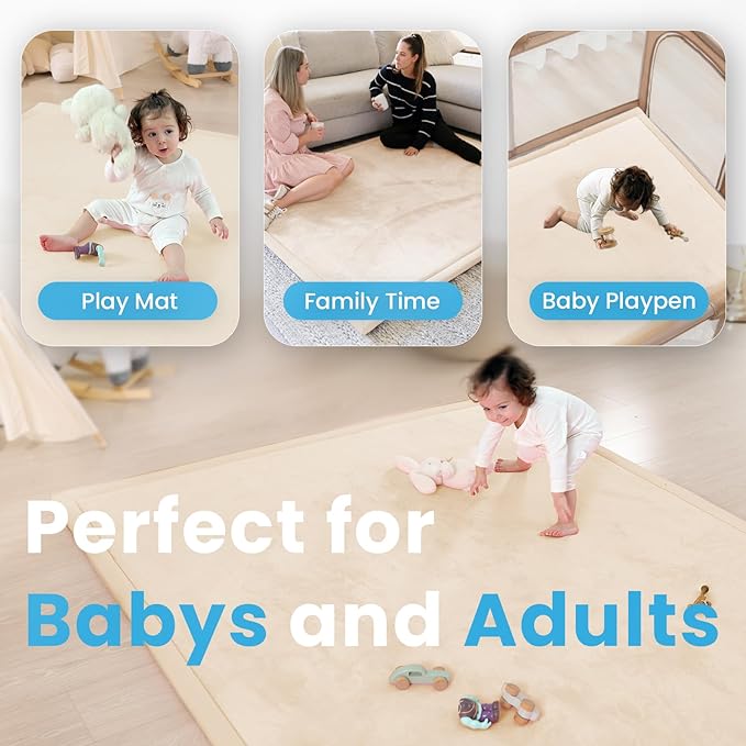 1.3" Thick Baby Play Mat for Floor, 28x72 Foam Tummy Time Mat, Padded Support Soft Plush Bedside Rugs for Infant Kids Toddler Crawling Kick Activity (Beige)