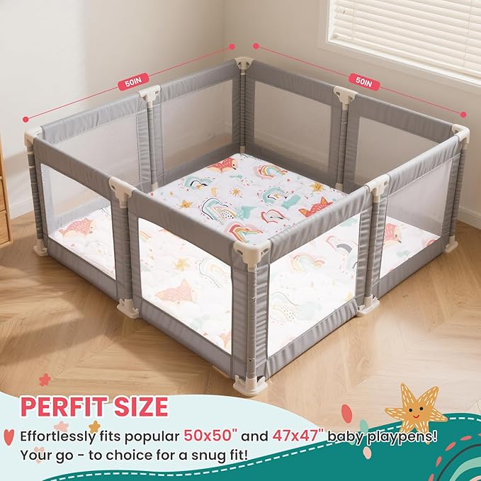 Baby Play Mat for Floor,50x50 Inch Soft Padding Crawling Mat for Playpen, Foldable and Machine Washable, Thick for Babies & Toddlers,Rainbow Fox