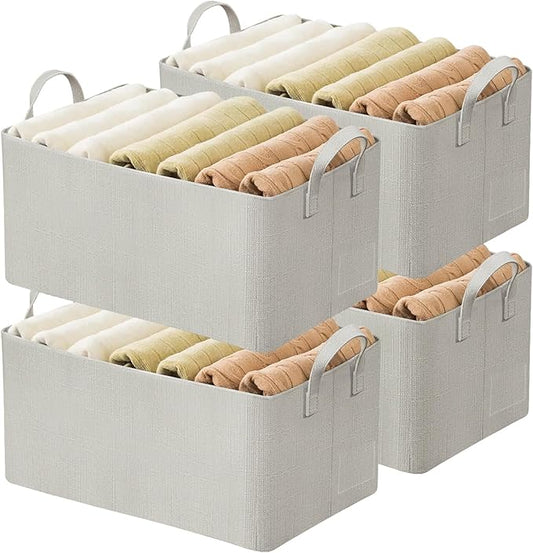 AARAINBOW 4 Pcs Closet Clothes Organizer with Handle, Fabric Storage Box with Steel Frame Stackable Shelf Storage Baskets Foldable Fabric Storage Baskets for Organizing Clothes Toys, 23L (B 4 White)
