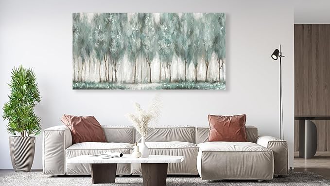 NINEASO Abstract Forest Canvas Wall Art - Grey Teal Foggy Trees Pictures Abstract Misty Woods Wall Decor Modern Botanical Painting Print Artwork for Living Room Bedroom Home Office Decor 20" x 40"