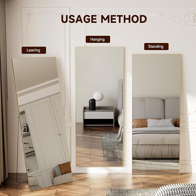 69"x24" Full Length Mirror, Gold Tempered Glass Rectangle Floor Standing Mirrors, Wall Mounted Hanging Aluminum Alloy Frame Bedroom Floor