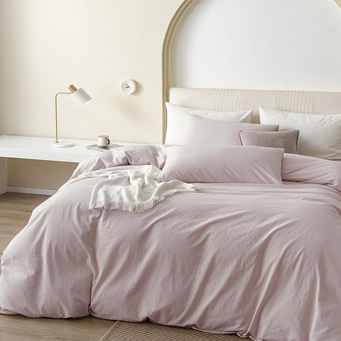 JIYUAN 100% Washed Cotton Duvet Cover Set 2 Pieces Twin, 1 Duvet Cover 68x90 Inches (Comforter Not Included) and 1 Pillowcases,Linen Feel Bedding Set Comfy and Breathable, Heathered Greyish Pink
