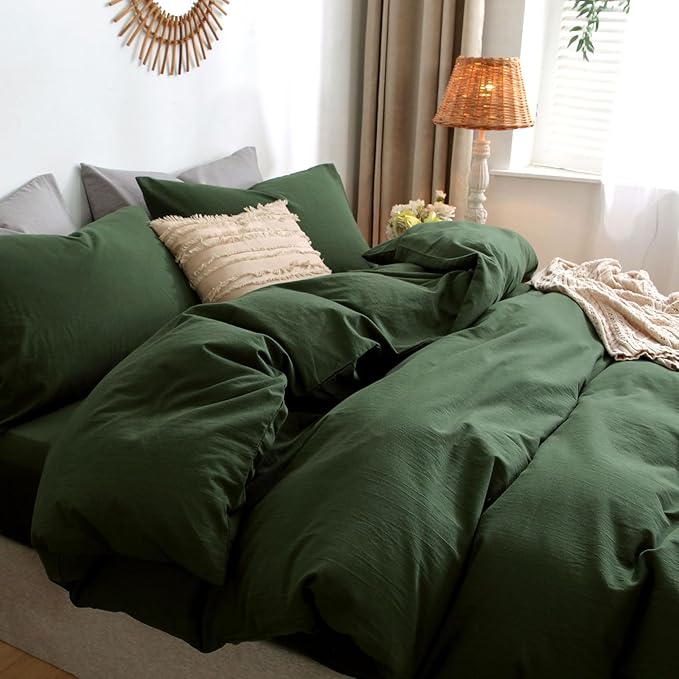 MooMee Bedding Duvet Cover Set 100% Washed Cotton Linen Like Textured Breathable Durable Soft Comfy (Solid Forest Green, Alaska King 132"x120")